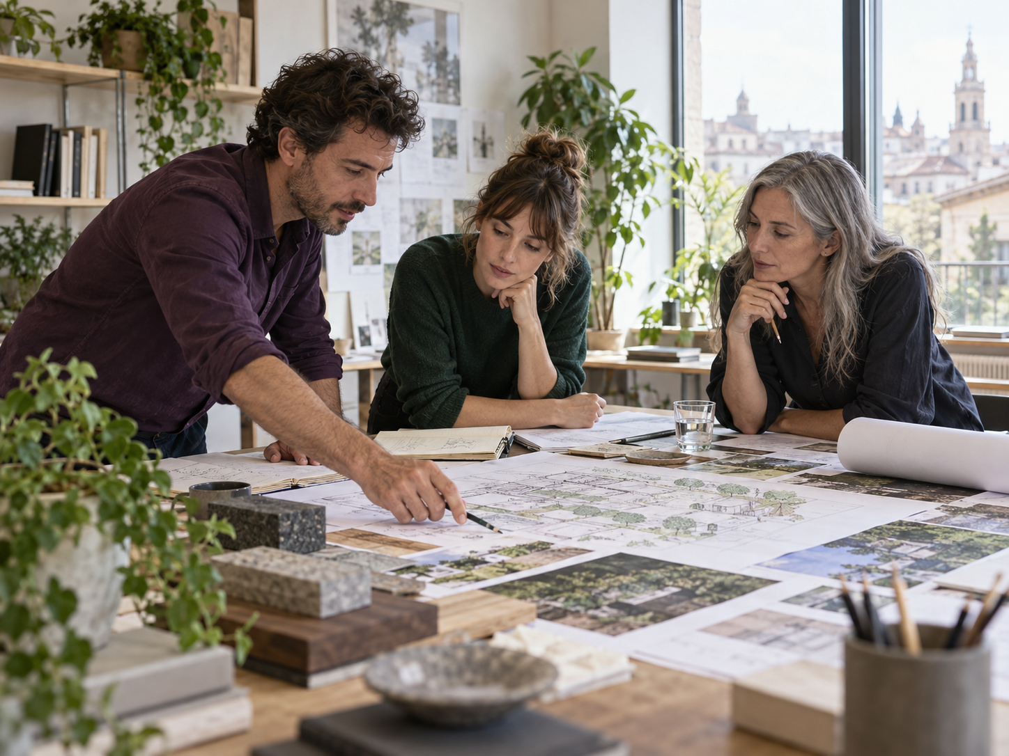 Interdisciplinary collaborators reviewing project plans in a studio